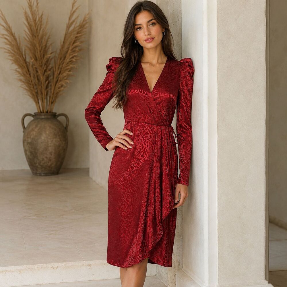 A.L.C. Carolina Wrap Dress 6 Red Silk Jacquard Midi Puff Shoulder Long Sleeve
